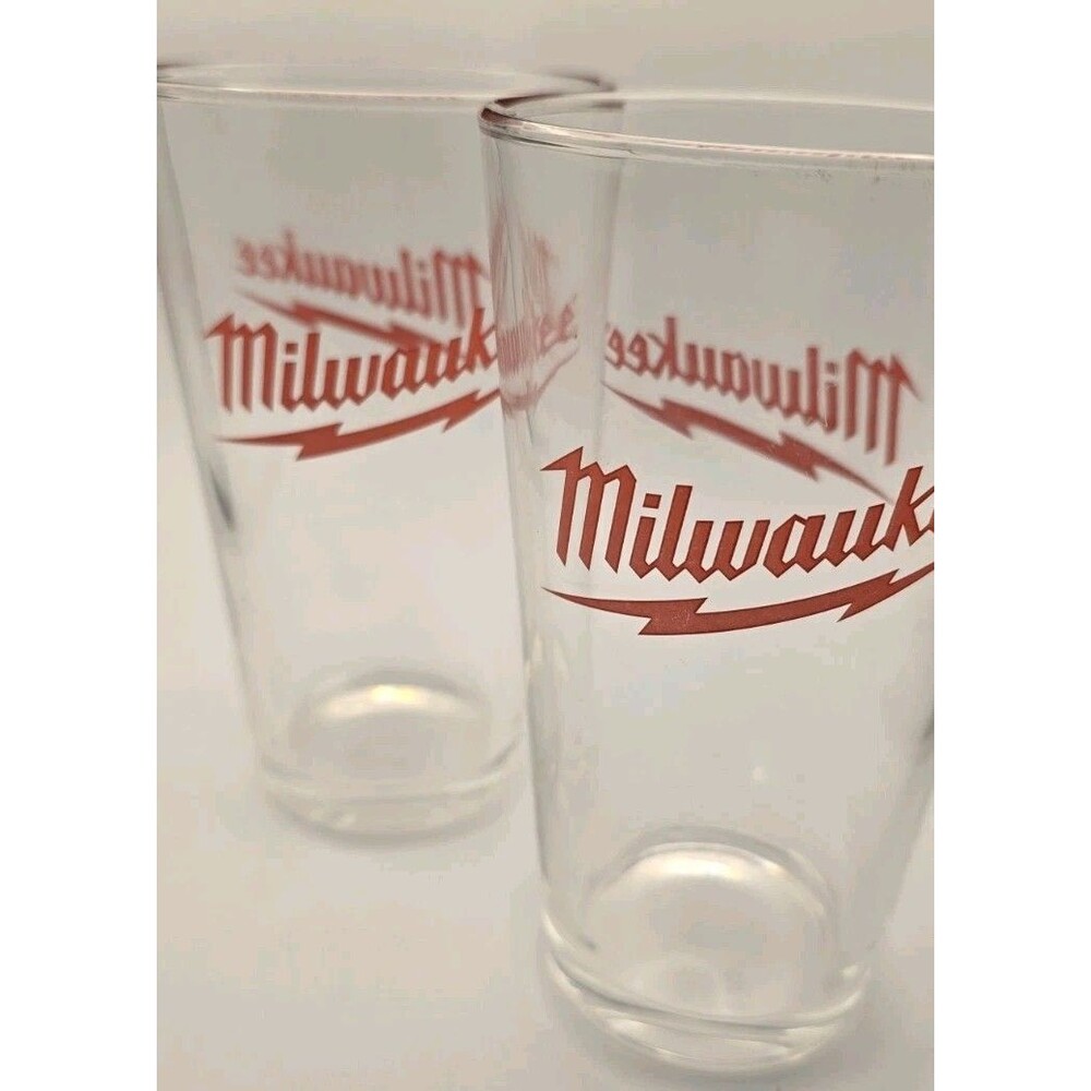 Set of 2 Genuine Milwaukee Tool 16oz Pint Glasses - Red Lightning Bolt Logo